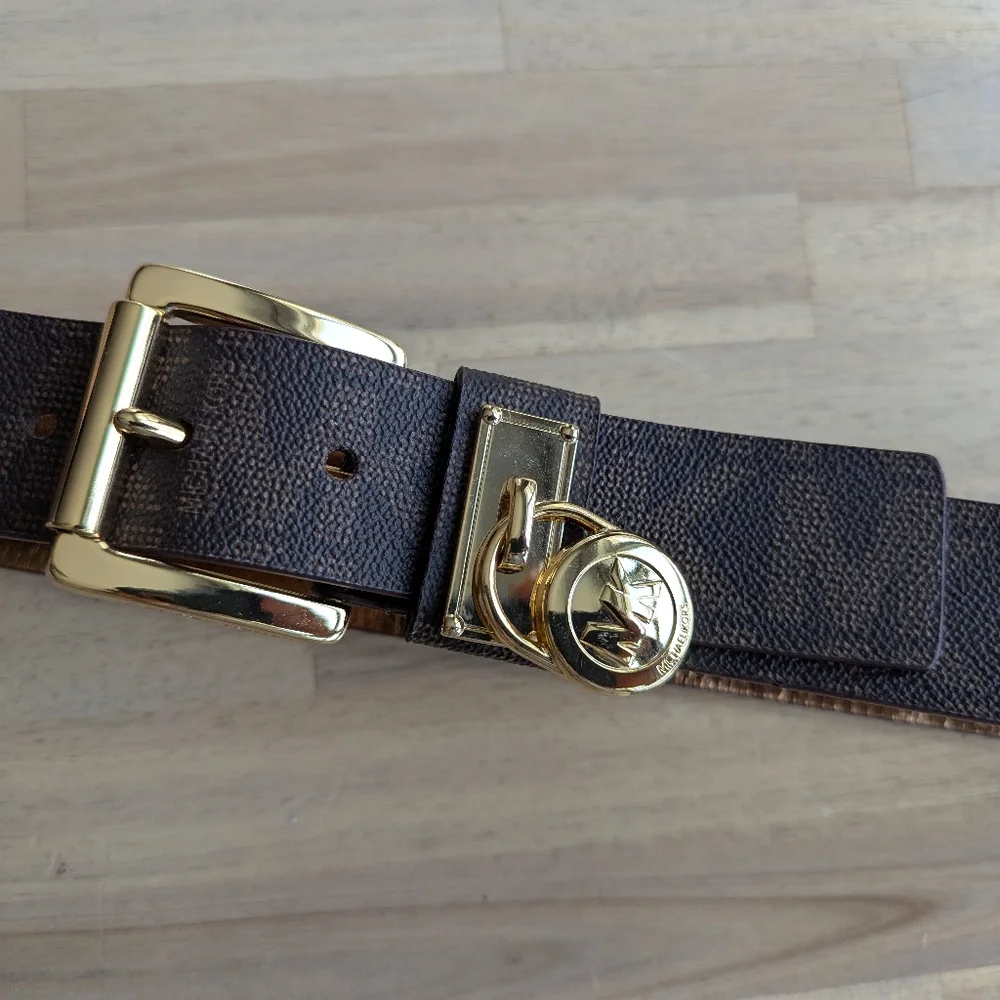 Michael Kors‎ Women's MK Signature Hamilton Lock Monogram Belt Chocolate